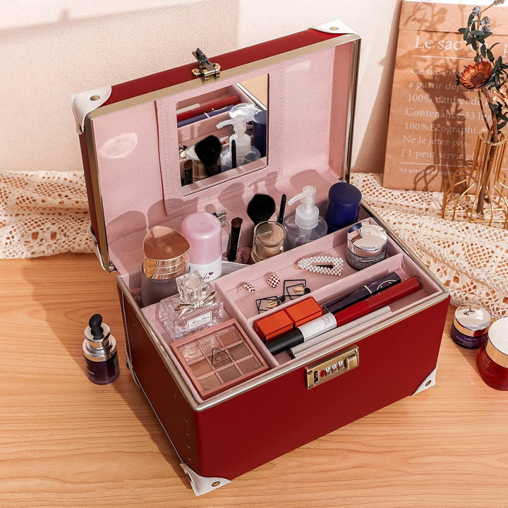 urecity Vintage Leder Kosmetikkoffer mit Spiegel - Hartschale Schminkkoffer für Damen, Reise Make-up
