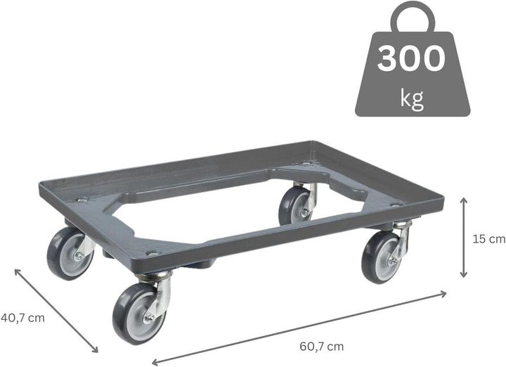 SparSet 10x Eurobehälter mit offenem Griff & 1x Transportroller Grau | HxBxT 17,5x40x60cm | 30 Liter