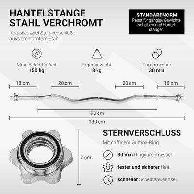 MSPORTS SZ Curlstange Premium, 30mm mit Sternverschluss - STANDARDNORM - Auswahl: 120cm (7kg) o. 130