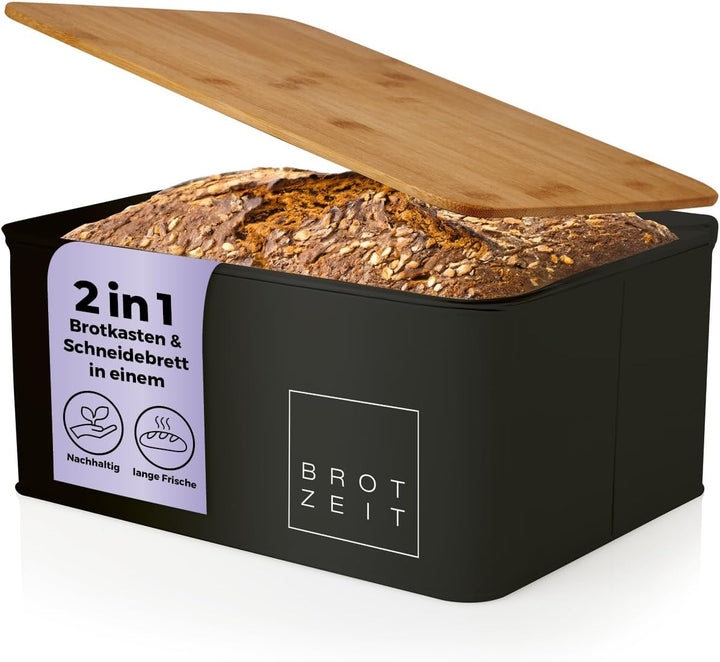 Lumaland Cuisine Brotkasten | Brotdose aus Metall mit Bambus Deckel | Brotbox rechteckig 30,5 x 23,5