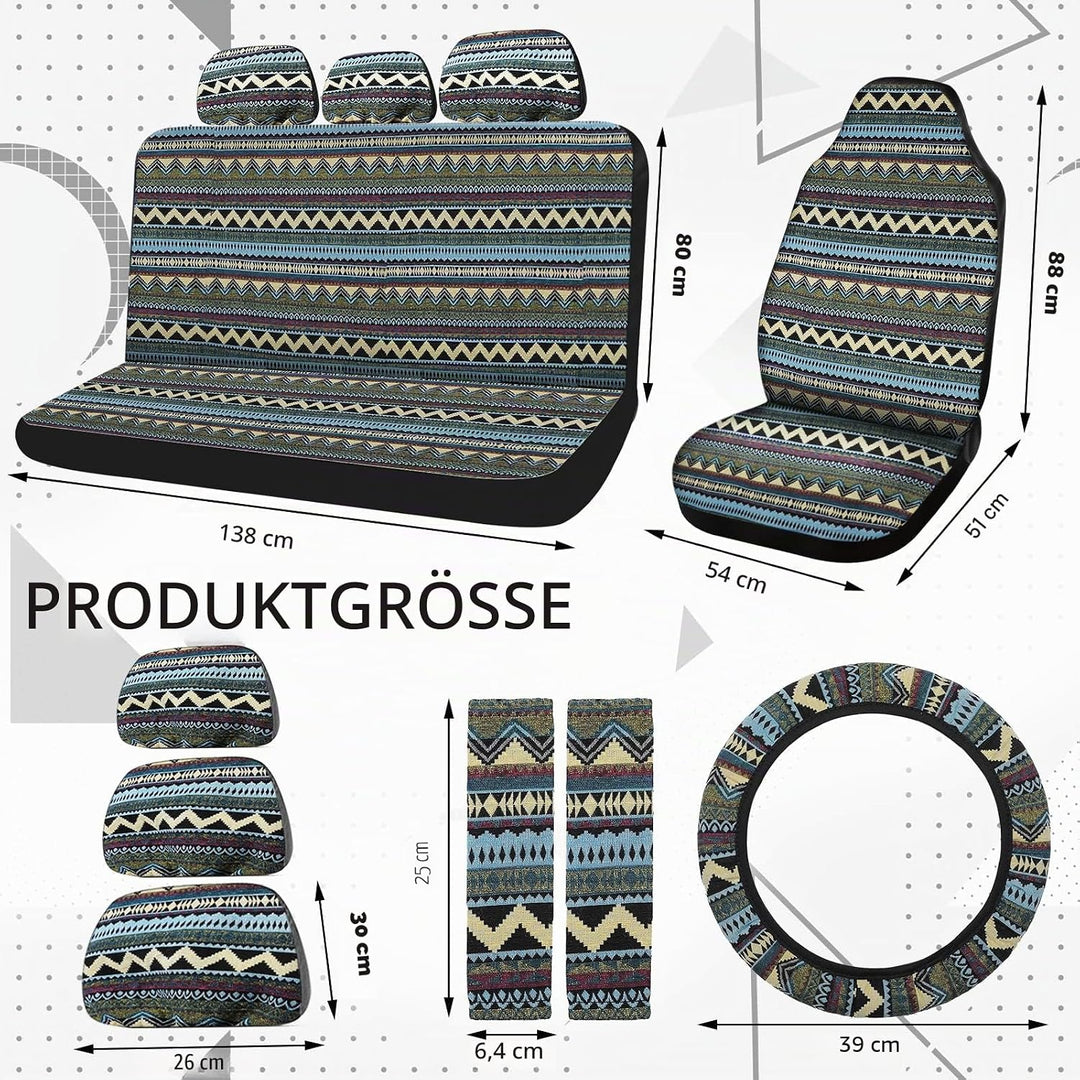 Frienda Baja Autositzbezüge, komplettes Set, Mehrfarbig, gestreift, Boho-Druck, Lenkradbezug, Sicher