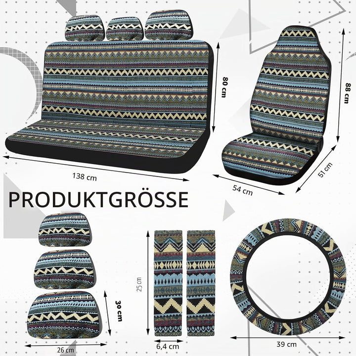 Frienda Baja Autositzbezüge, komplettes Set, Mehrfarbig, gestreift, Boho-Druck, Lenkradbezug, Sicher