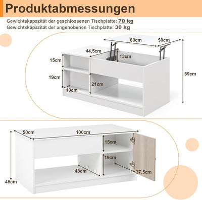 COSTWAY Couchtisch höhenverstellbar, 2 Ebenen Beistelltisch mit offenem Stauraum & Tür, Sofatisch au