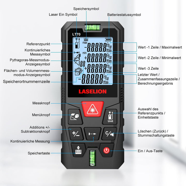 LASELION LT70 Laser-Entfernungsmesser – 70m Reichweite, Hohe Genauigkeit, Mehrere Messmodi, Eingebau