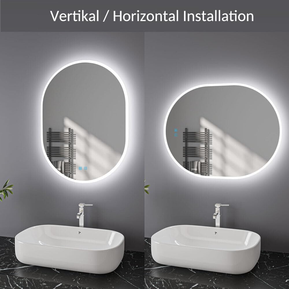 Ovaler Badspiegel mit Beleuchtung 50x70 cm LED Spiegel Bad mit Touch-Schalter Beschlagfrei Badezimme