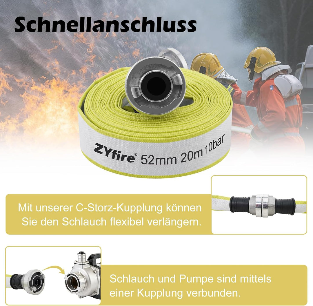 ZYfire Feuerwehrschlauch 52mm x 20m | 2 Zoll Feuerschlauch mit C-Storz Kupplung | flexibler Wassersc