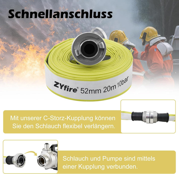 ZYfire Feuerwehrschlauch 52mm x 20m | 2 Zoll Feuerschlauch mit C-Storz Kupplung | flexibler Wassersc