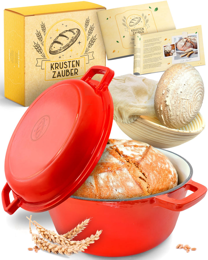KRUSTENZAUBER Gusseisen Topf Brot Backen [inkl. Gärkorb] - Hochwertiger Emaille Topf 26cm - Idealer