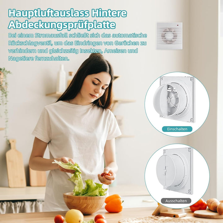 Badlüfter 100mm mit Rückschlagventil, 142m³/h Abluftventilator, Rohrventilator, für Badezimmer, Küch