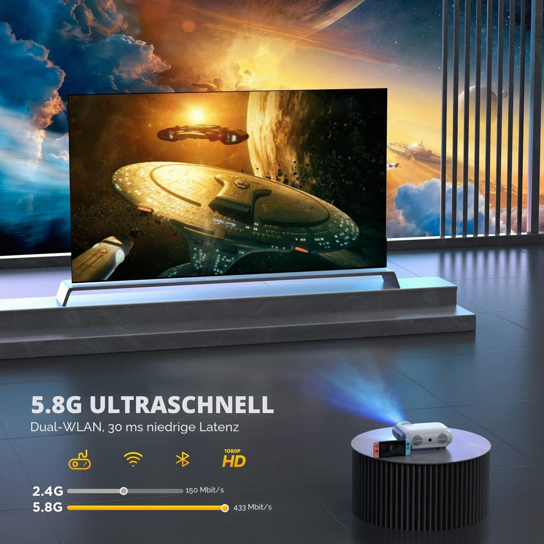 5G+2.4G WiFi Beamer Bluetooth 5.0, 1080P Tragbarer Projektor Unterstützung 7500 Lumen Heimkino Proje