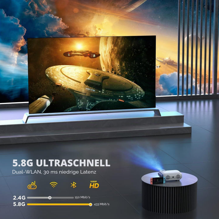 5G+2.4G WiFi Beamer Bluetooth 5.0, 1080P Tragbarer Projektor Unterstützung 7500 Lumen Heimkino Proje