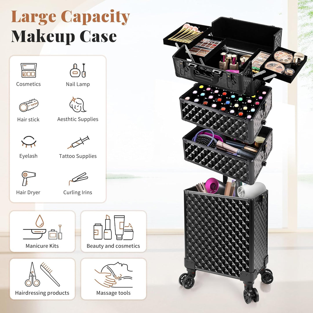 Arous 4-in-1 Professioneller Make-up-Zugkoffer, multifunktionaler Kosmetikwagen mit 360° drehbaren R