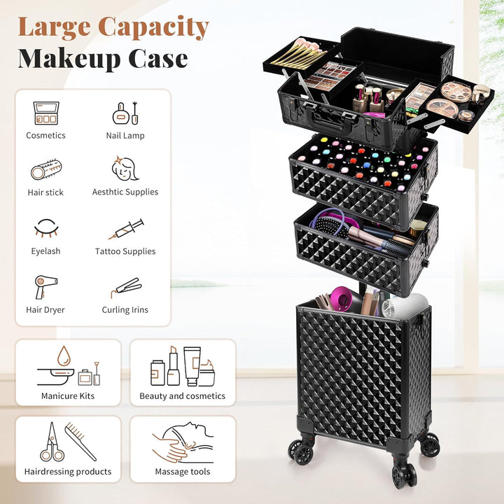 Arous 4-in-1 Professioneller Make-up-Zugkoffer, multifunktionaler Kosmetikwagen mit 360° drehbaren R