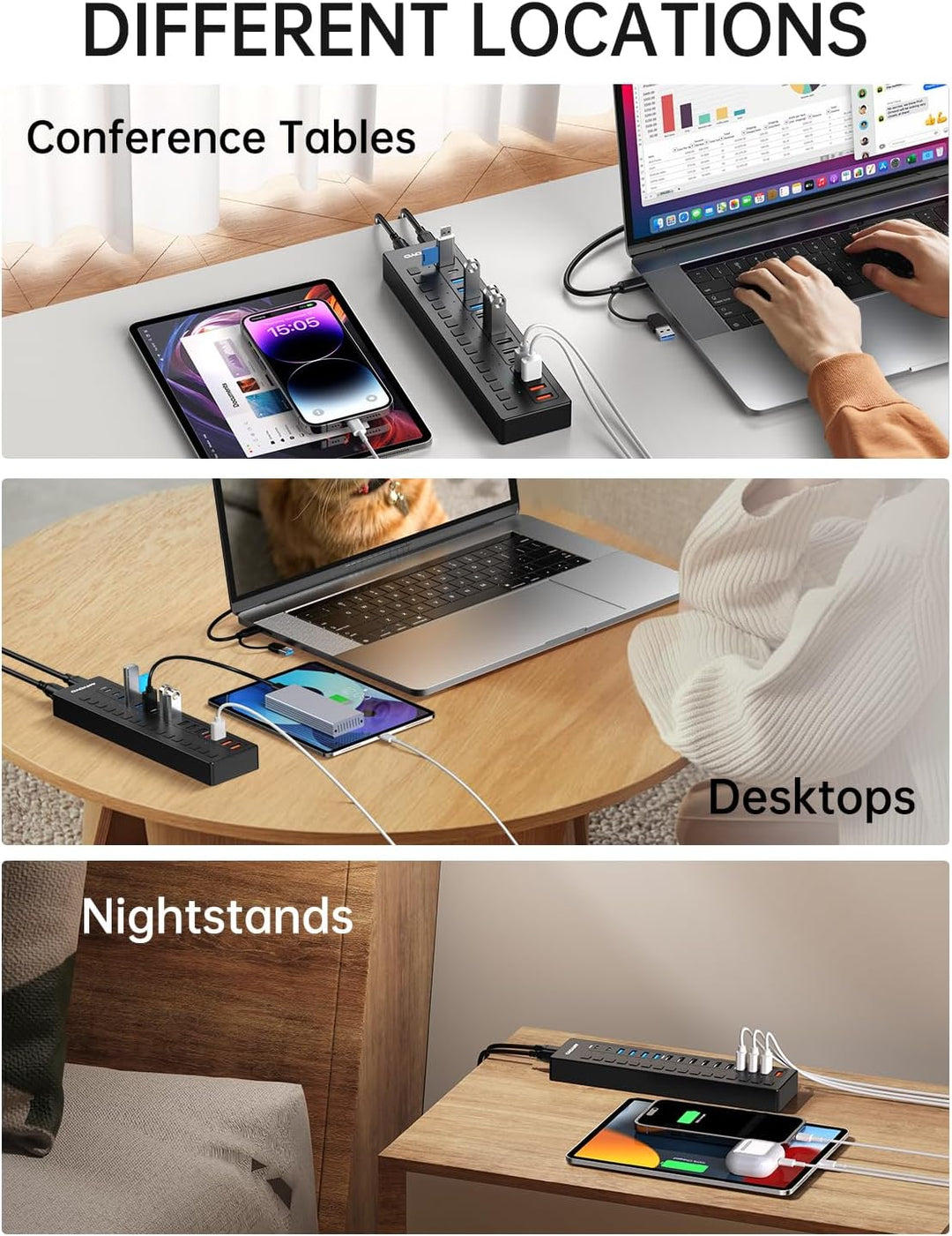 USB C Hub Aktiv, ANYOYO 16 In 1 USB 3.0 Hub mit Netzteil(60W) Powered USB Hub mit 4 Ladeanschluss，US