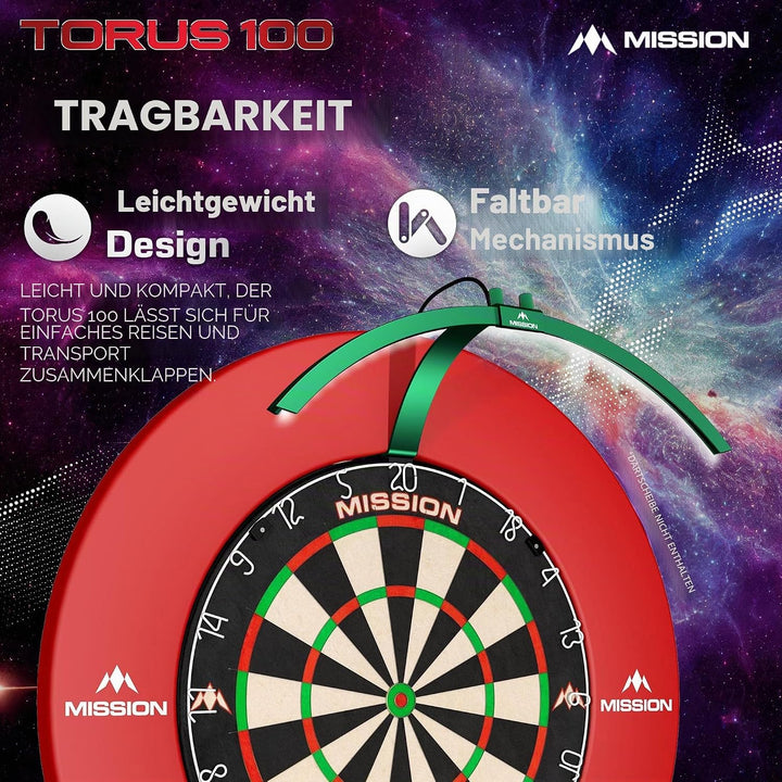 Mission Darts TOR100 Torus 100 | Dartscheibe LED klappbar tragbar Dartscheibe Reise Beleuchtungssyst
