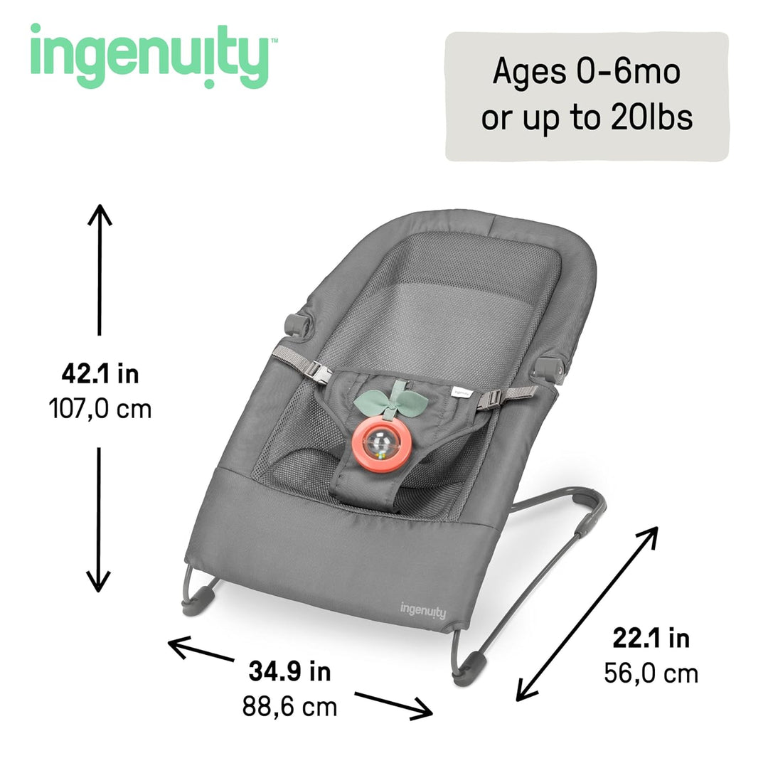 Ingenuity Stow &amp; Go kompakte Falt Babywippe, leichter tragbarer Sitz mit Vibration &amp; Spielzeug, Grau
