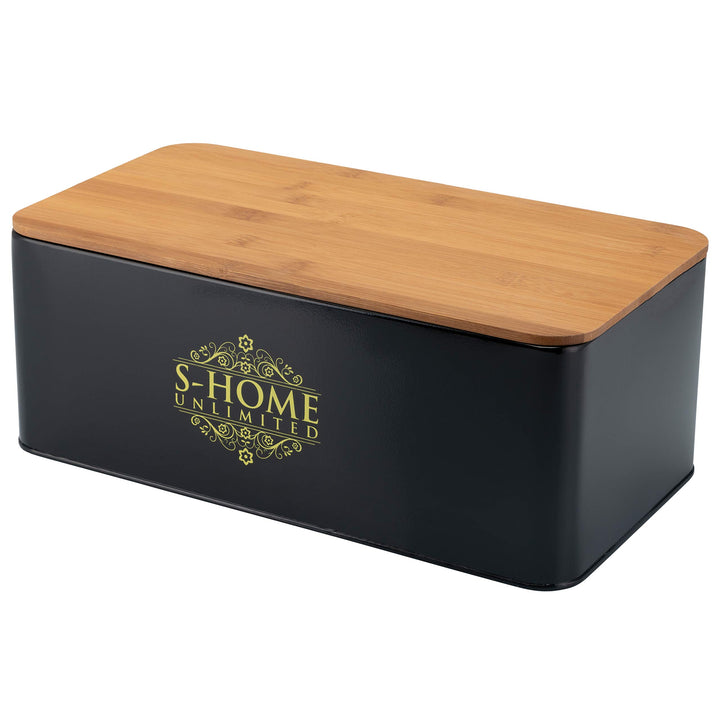 Brotkasten Metall Schwarz mit Bambusdeckel | 2-in-1 Brotbox & Schneidebrett | Belüftete Brotaufbewah