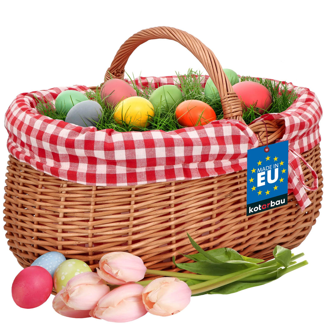 KOTARBAU® Picknickkorb Weidenkorb 46 cm Naturfarbe Einkaufskorbmit rot kariertem Stoffeinsatz Osterk