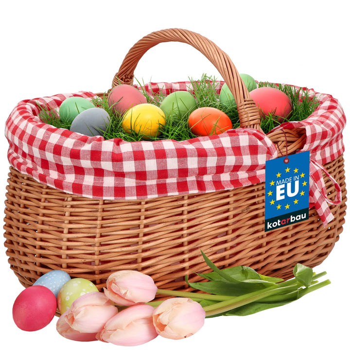KOTARBAU® Picknickkorb Weidenkorb 46 cm Naturfarbe Einkaufskorbmit rot kariertem Stoffeinsatz Osterk