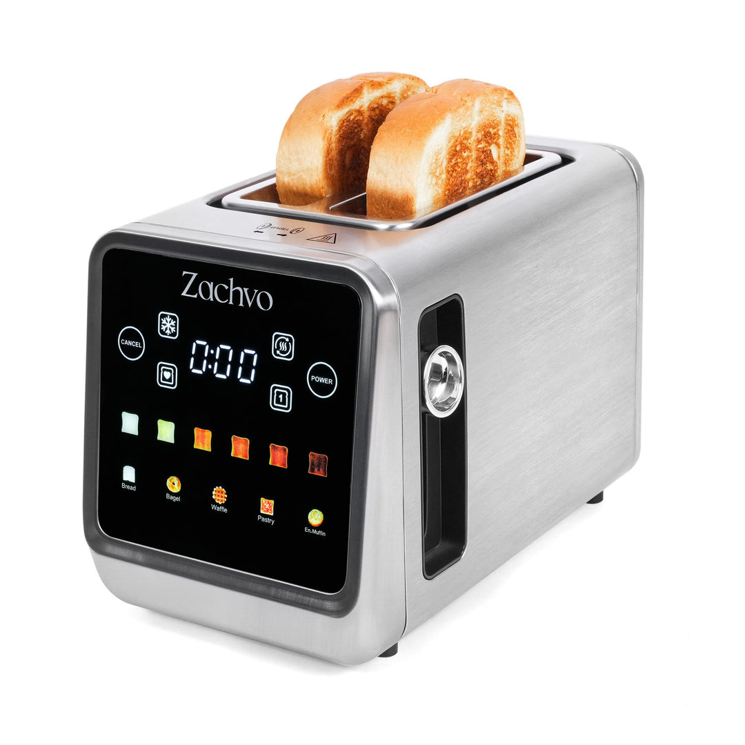Edelstahl Toaster 2 Scheiben, Digitaler Touch Toaster mit Sandwich-Zange & abnehmbarem Brötchenaufsa