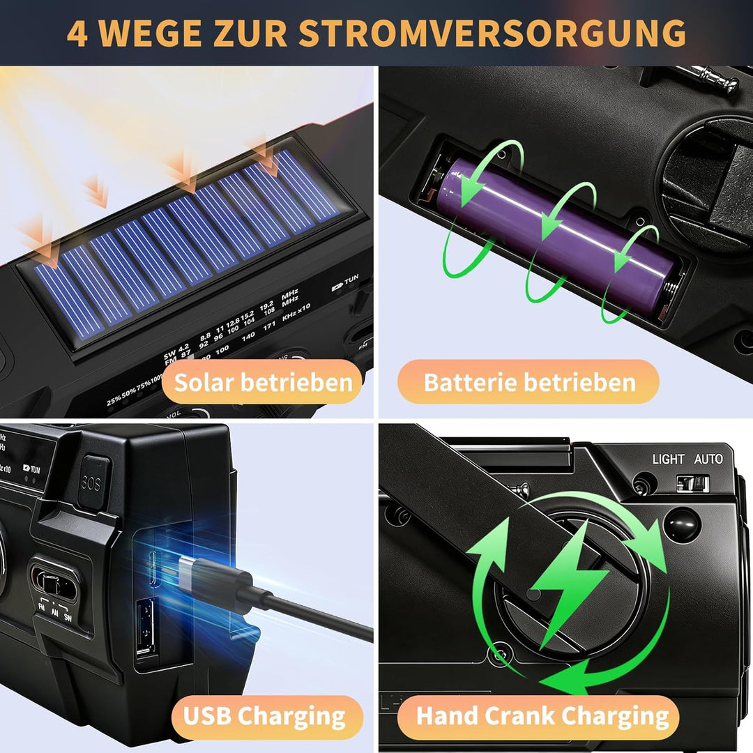 Kurbelradio 4000mAh Notfallradio mit Solar, Bewegungsempfindlicher Radio mit kurbel AM/FM/SW,LED-Tas