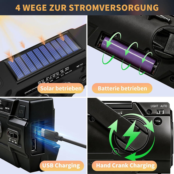 Kurbelradio 4000mAh Notfallradio mit Solar, Bewegungsempfindlicher Radio mit kurbel AM/FM/SW,LED-Tas