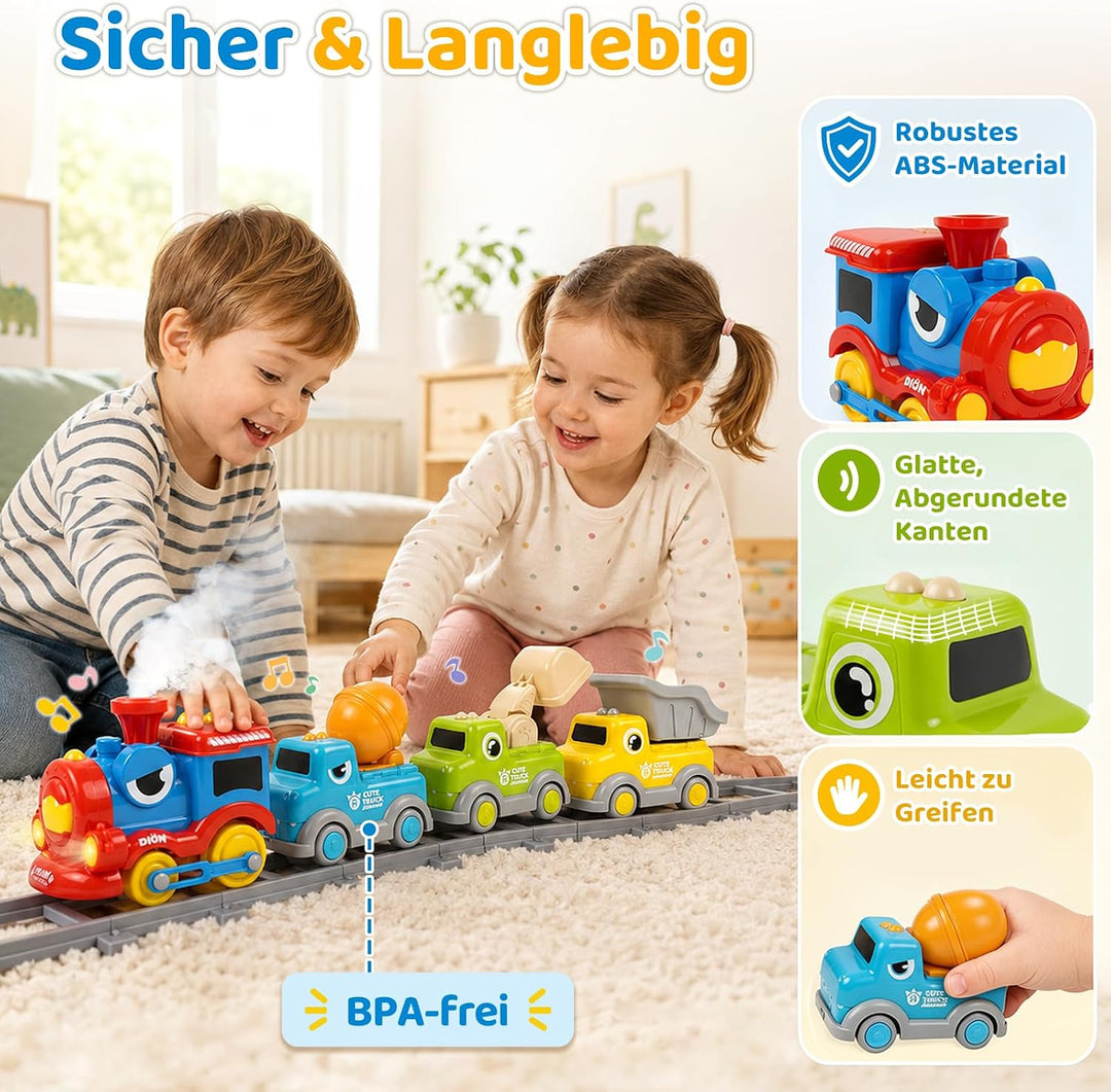 Zug Set Spielzeug mit Schienen &amp; Dampfeffekt ab 2 Jahr, Magnetisches Dinosaurier Baustellenfahrzeuge