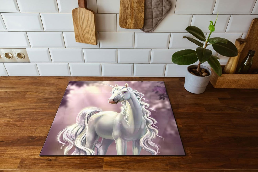 Pink äugiges Einhorn im rosa Märchenwald Herdabdeckplatte & Spritzschutz aus Echtglas | Für Herd-Koc