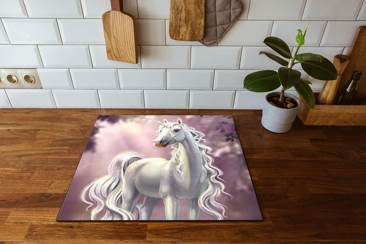 Pink äugiges Einhorn im rosa Märchenwald Herdabdeckplatte & Spritzschutz aus Echtglas | Für Herd-Koc
