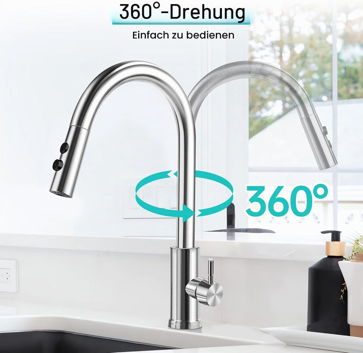 Wasserhahn Küche mit Brause 2 Modi, Armatur Hochdruck Küchenarmatur Schwarz, 360° Schwenkbar Spültis