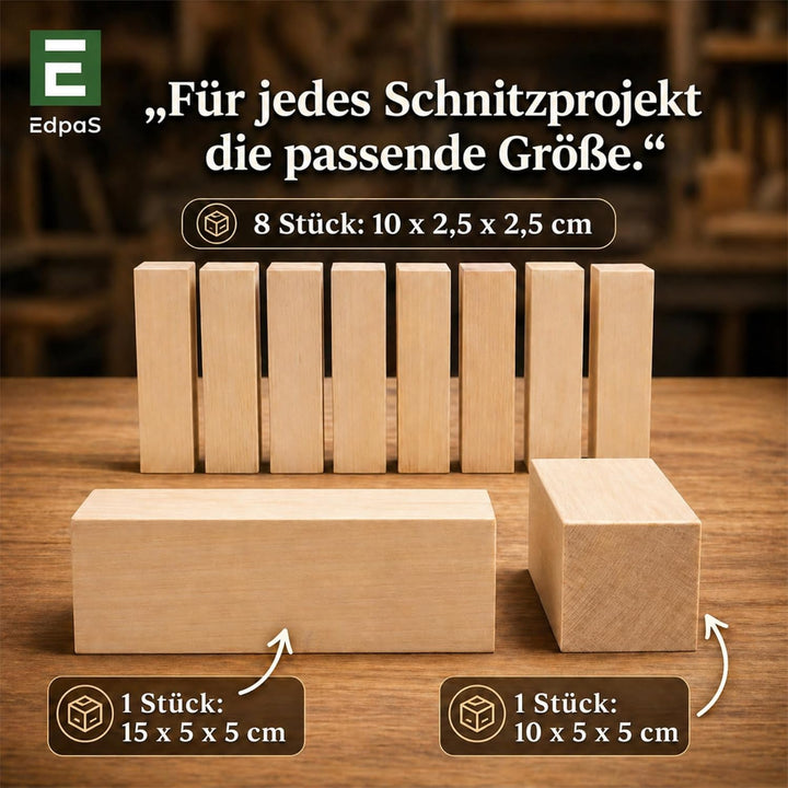 EdpaS Erlenholz Schnitzholz Set 10 Stück in 3 Grössen Erle zum schnitzen | Erlenholz-Rohlinge zum Sc