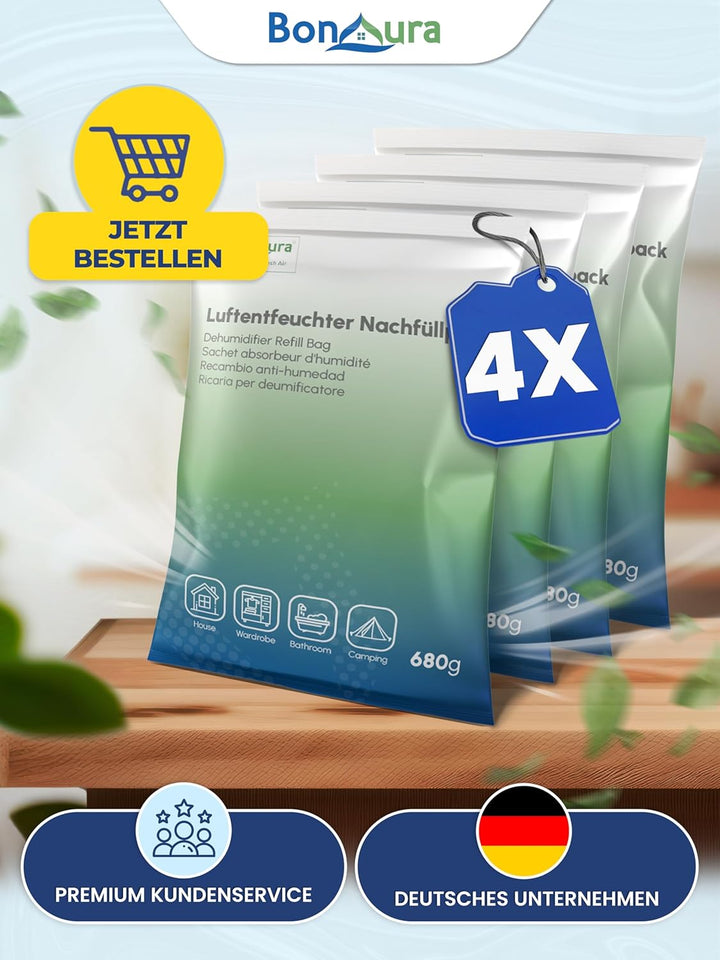 BonAura® Luftentfeuchter Nachfüllpack 4 x 680g - Sparset Luftentfeuchter Granulat - 4er Set Entfeuch