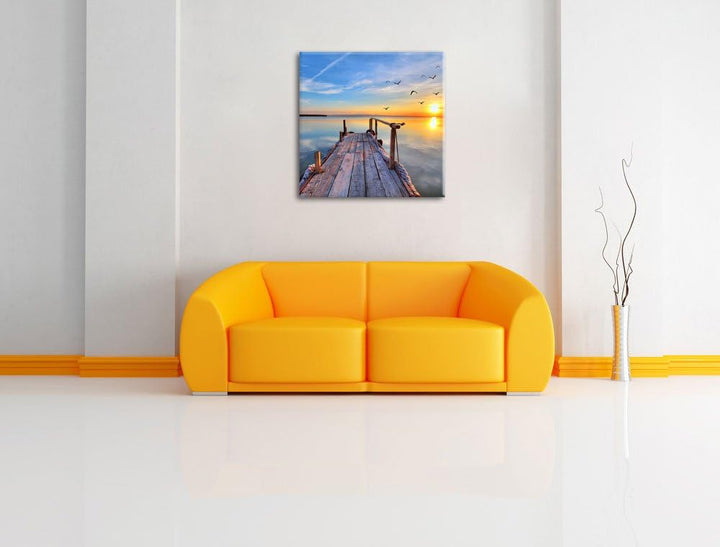 Pixxprint Steg mit Möwen bei Sonnenuntergang, Format: 70x70 auf Leinwand, 70x70