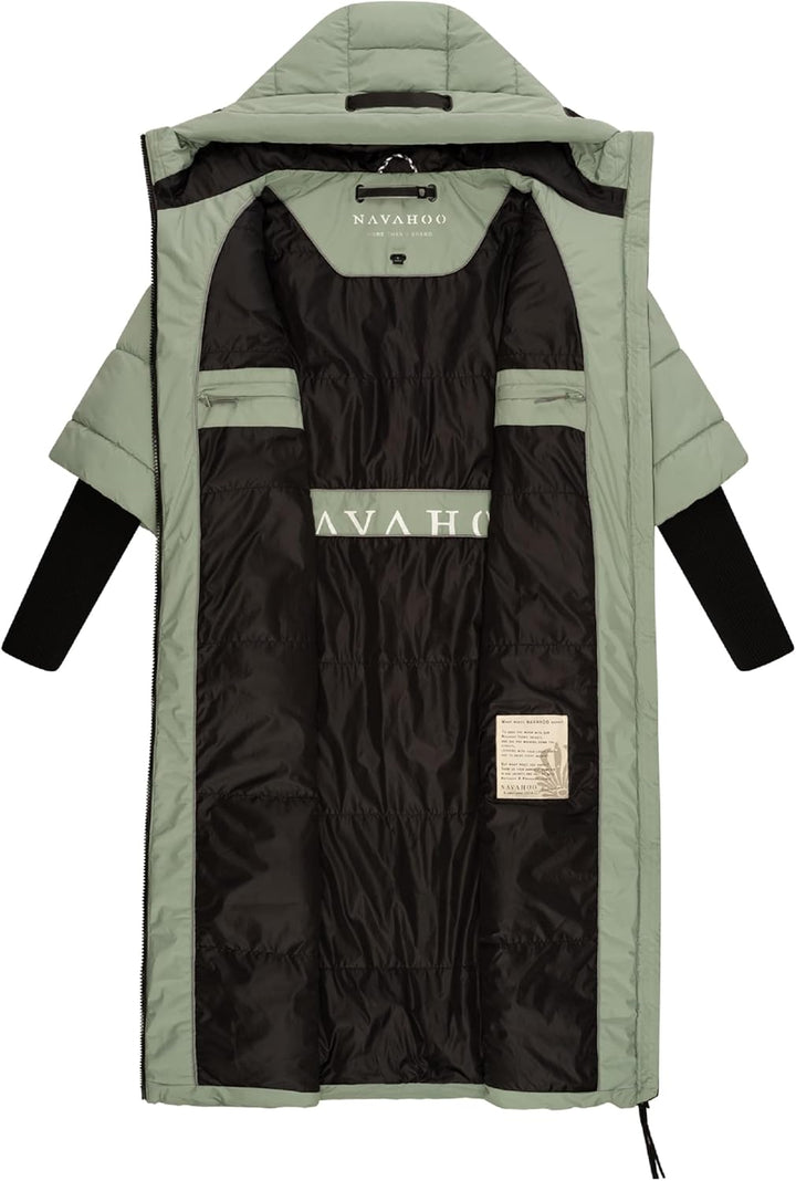 Navahoo Damen Langer Wintermantel Warmer Steppmantel mit Kapuze und Rippstrickärmeln Ciao MIAU XIV X