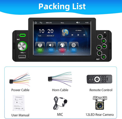 Podofo Autoradio 1 Din mit Wireless Apple Carplay Bluetooth Android Auto, 5 Zoll Auto Radio Stereo m