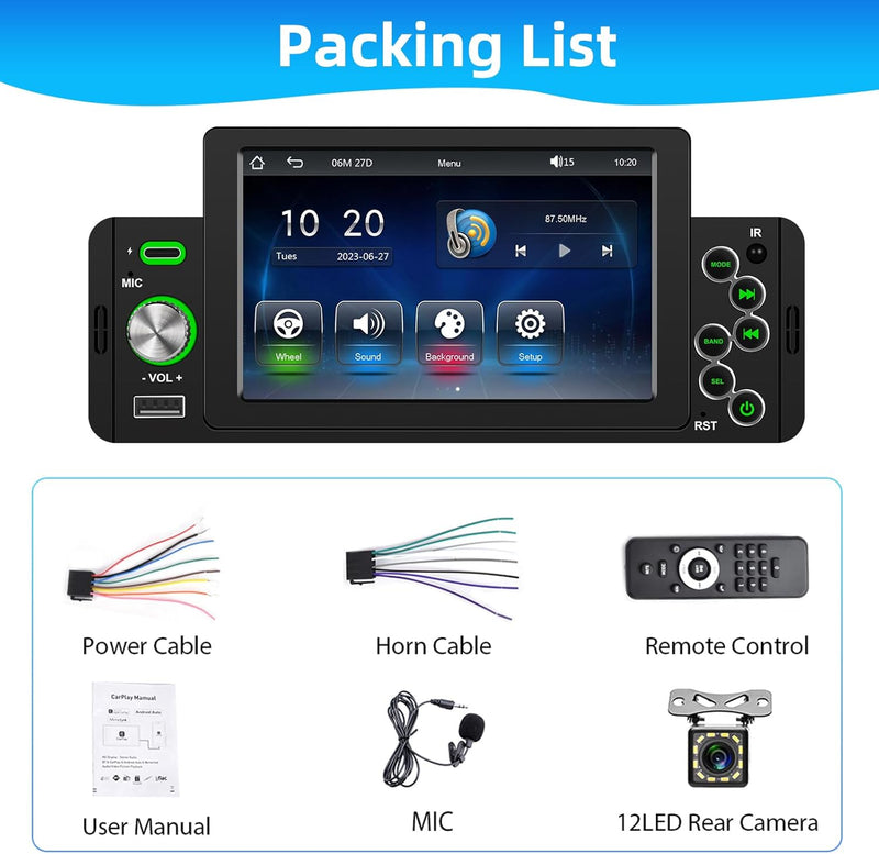 Podofo Autoradio 1 Din mit Wireless Apple Carplay Bluetooth Android Auto, 5 Zoll Auto Radio Stereo m