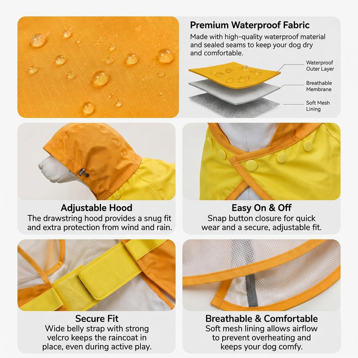 Regenmantel Hund, Regenjacke Hund wasserdicht mit Verstellbarer Kapuze &amp; elastischen Beinbändern – L