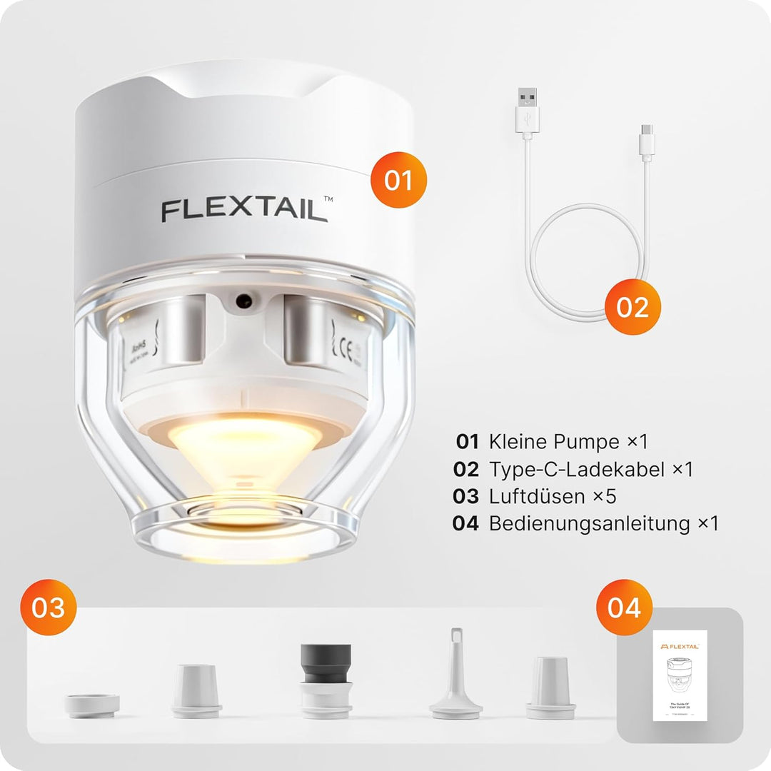 FLEXTAILGEAR Tragbare Elektrische Luftpumpe für Aufbläsartikel, Luftmatratzenpumpe mit 5 Lichtmodi,