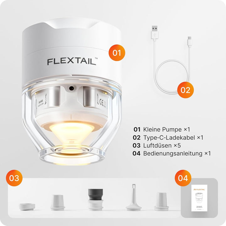 FLEXTAILGEAR Tragbare Elektrische Luftpumpe für Aufbläsartikel, Luftmatratzenpumpe mit 5 Lichtmodi,