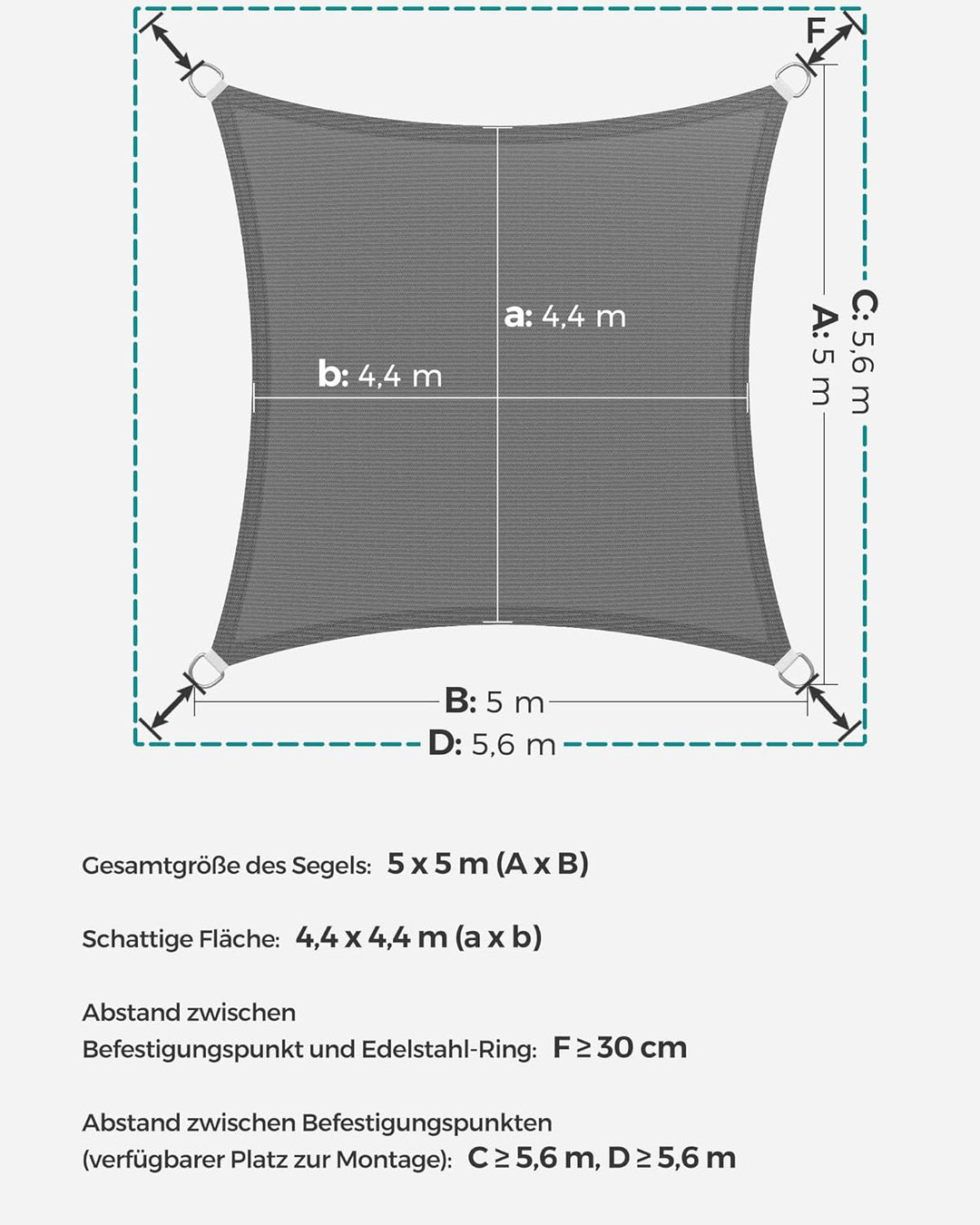 SONGMICS Sonnensegel 5 x 5 m, Sonnenschutz aus HDPE-Gewebe, luftdurchlässig, wasserdurchlässig, für