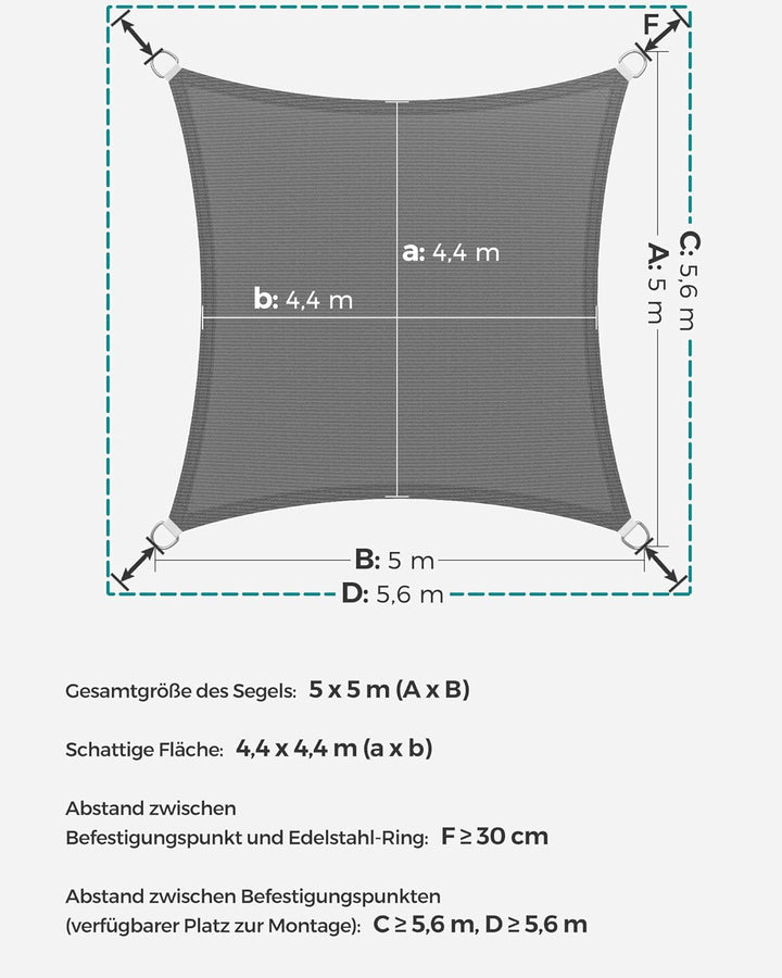 SONGMICS Sonnensegel 5 x 5 m, Sonnenschutz aus HDPE-Gewebe, luftdurchlässig, wasserdurchlässig, für