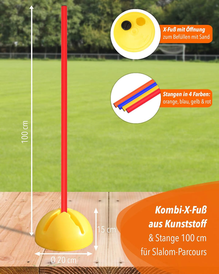 Kombi-X-Standfuss aus Kunststoff &amp; Slalomstange 100 cm – 4er Set – befüllbarer Standfuss – Stange fü