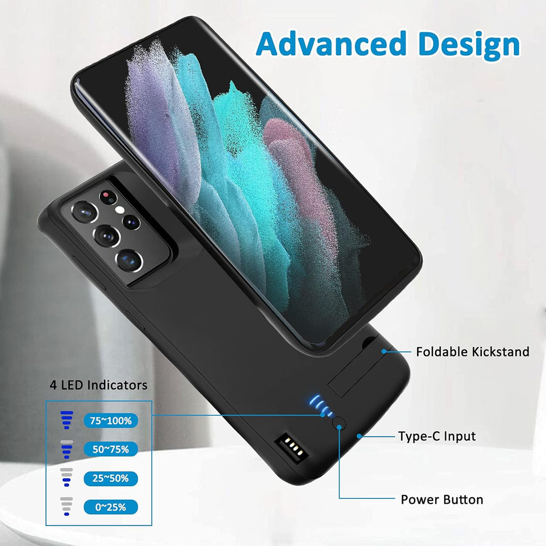 Gladgogo Akku Hülle für Samsung Galaxy S21 Ultra, [5000 mAh] Battery Case Akkuhülle Mit klappbarem S