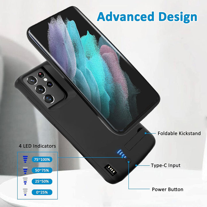 Gladgogo Akku Hülle für Samsung Galaxy S21 Ultra, [5000 mAh] Battery Case Akkuhülle Mit klappbarem S