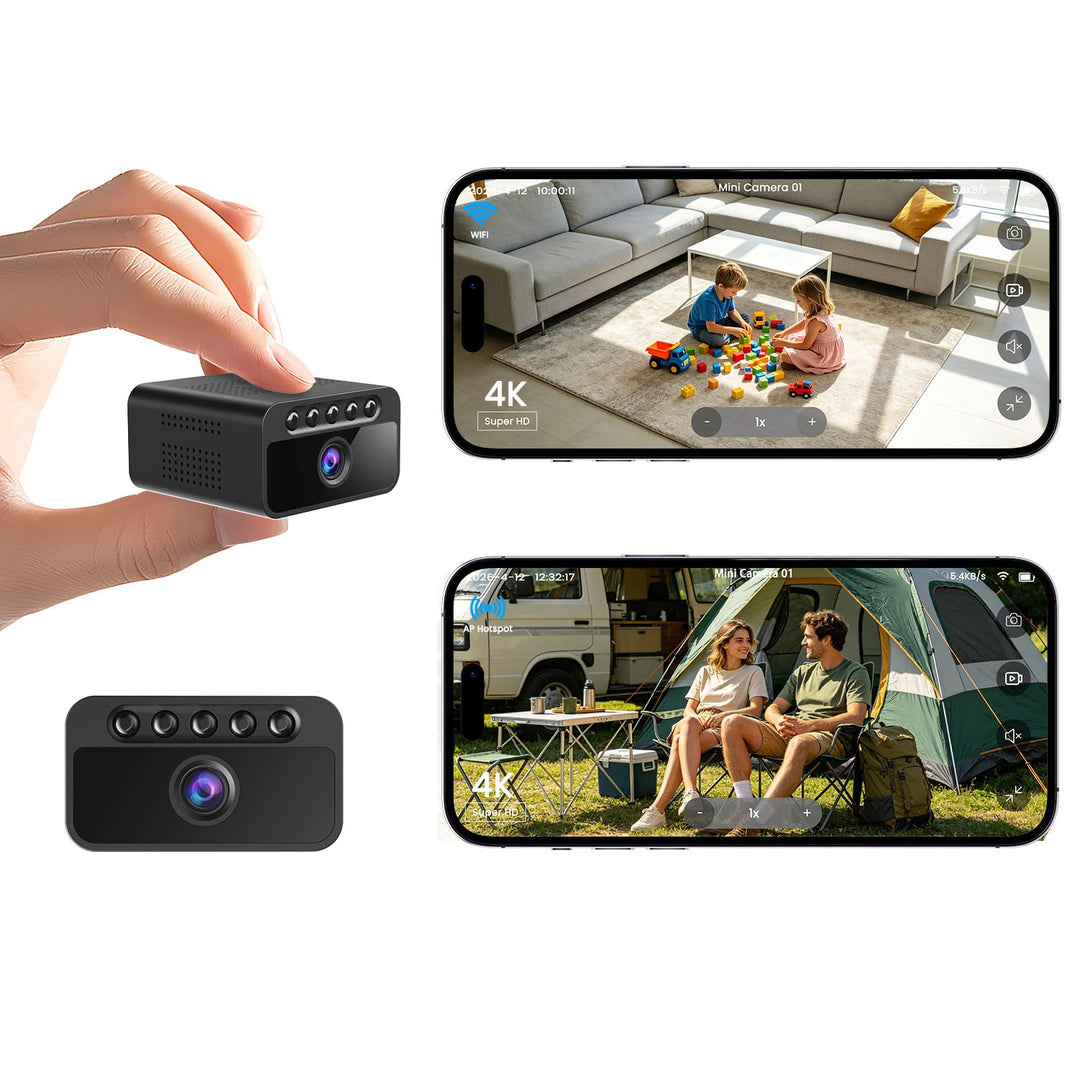 Mini Überwachungskamera Ohne WLAN, 4K Mini Kamera Überwachung Innen Akku, WLAN/AP Hotspot/Offline, m