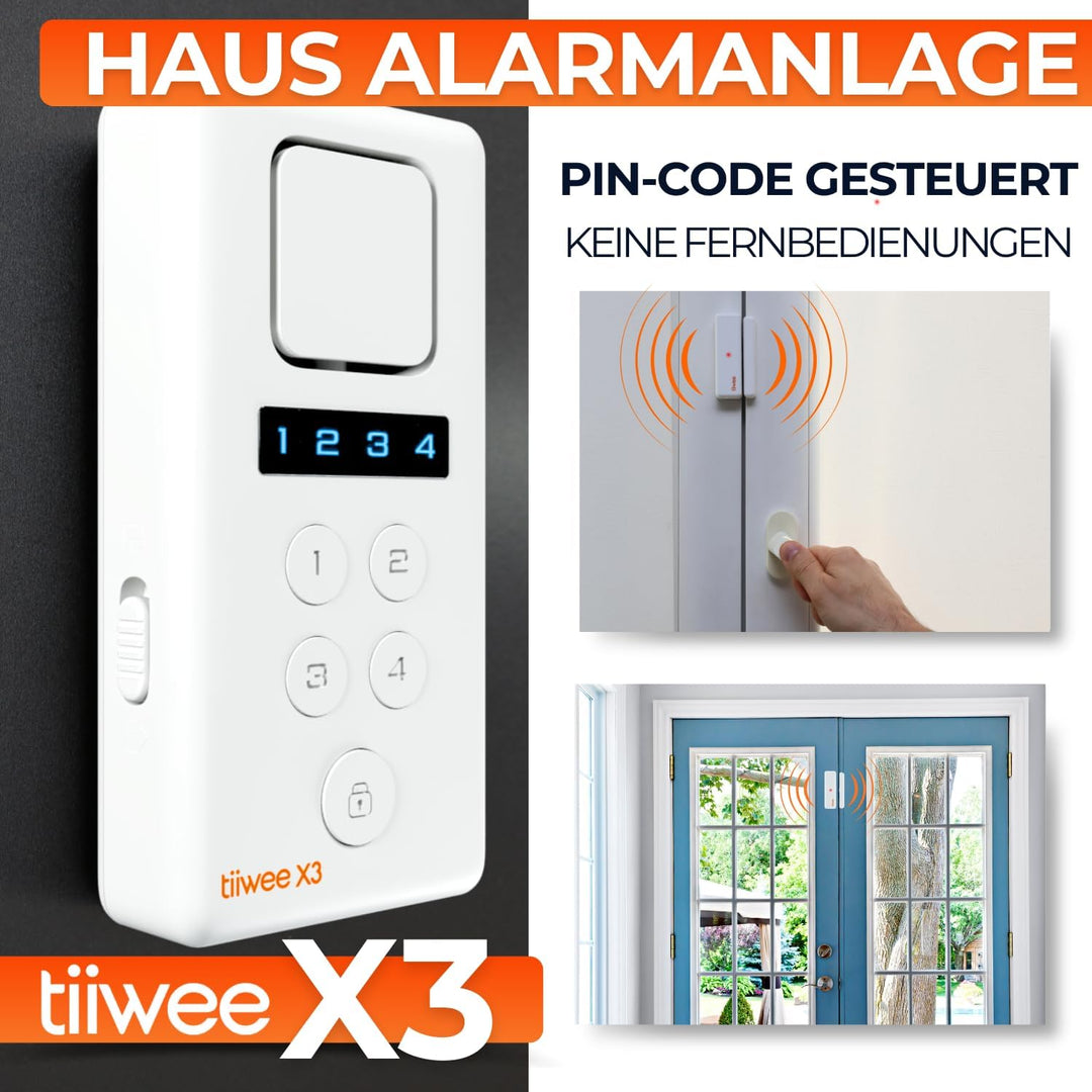 tiiwee X3 Alarmanlage für das Haus - Komplette Alarmanlage mit X3-Sirene, 4 Fenster- &amp; Tür Sensoren