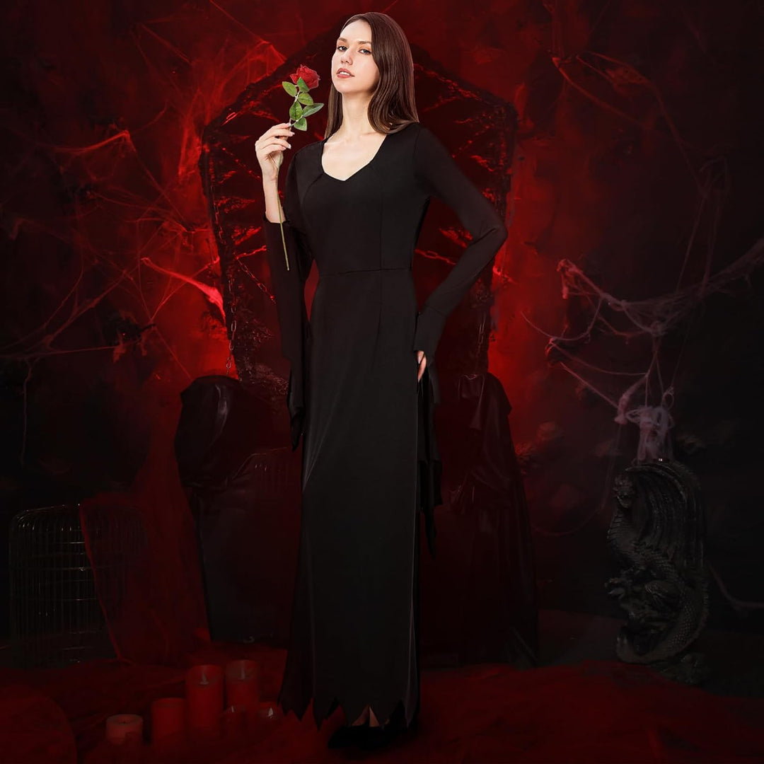 Joykindom Damen Morticia Addams Kostüm Karneval Hexenkleid Gothic Addams Kostüm Schwarz Lange Kleid