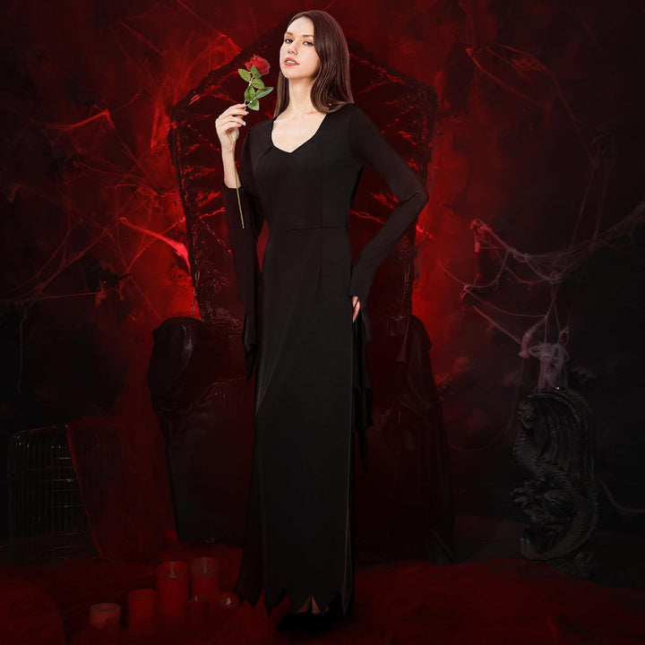 Joykindom Damen Morticia Addams Kostüm Karneval Hexenkleid Gothic Addams Kostüm Schwarz Lange Kleid