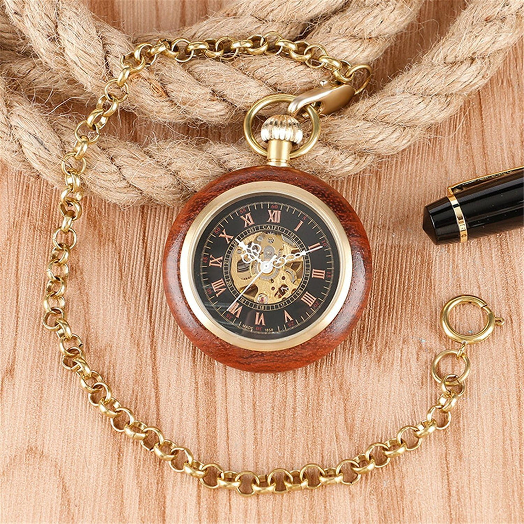 TREEWETO Unisex Holz Taschenuhr mit Kette Analog Handaufzug Skelett Römische Ziffern