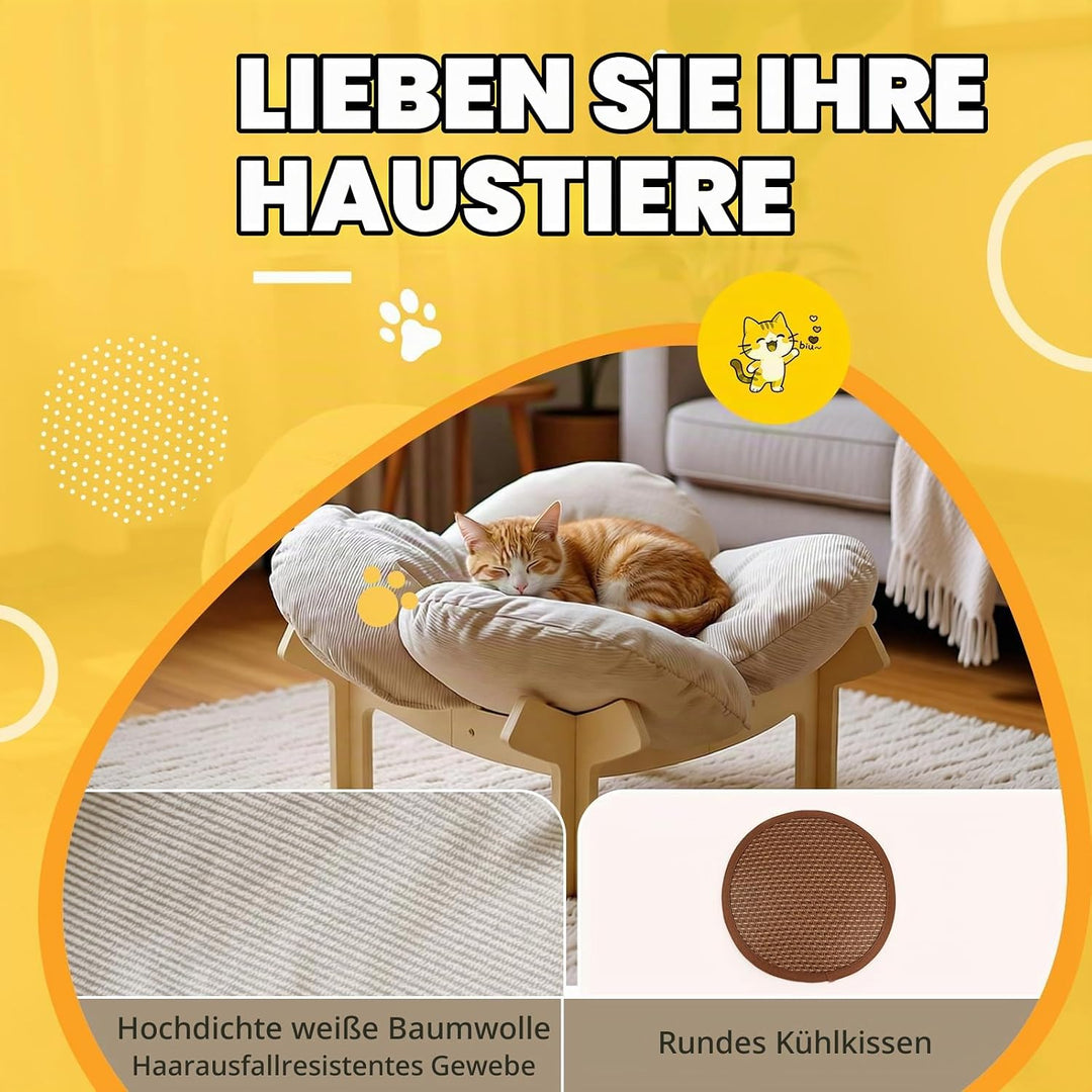 Erhöhtes Katzenbett in Blumenform,Stabiles Holzkatzensofa,Weiche Haustiersofa,Katzenstuhl mit Abnehm